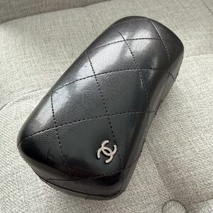 CHANEL Black Quilted Leather Glasses Case with Silver Logo